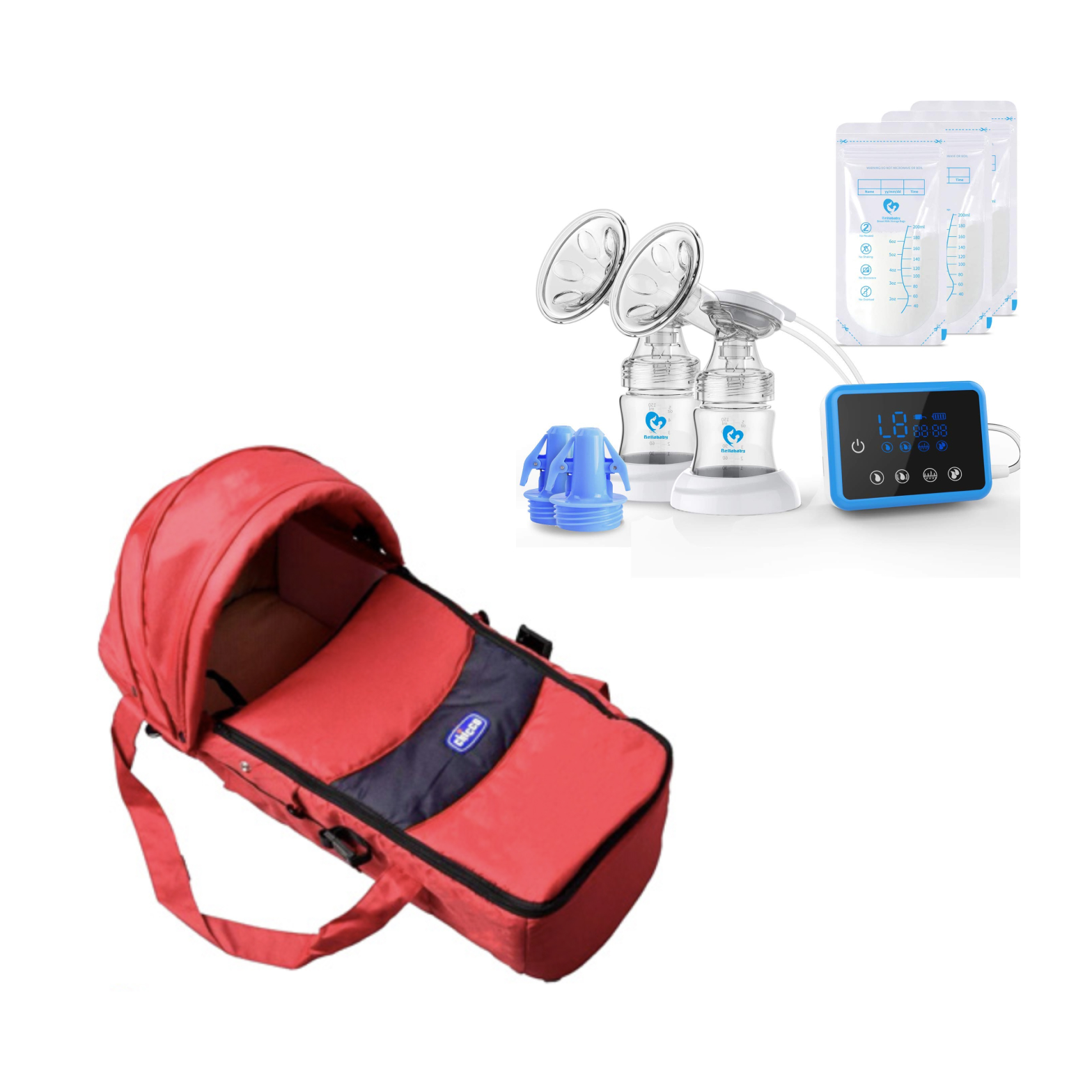 Chicco Transporter Carrycot + Bella baby breast pump + 2Milk cases gift Kidzkit